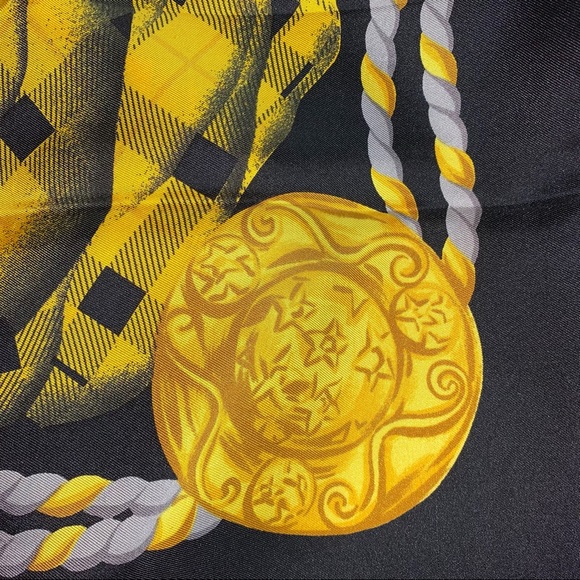 CELINE gold/black tartan plaid SILK TWILL scarf signature MACADAM logo at center - Picture 7 of 11